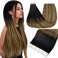 Full Shine Hair Extensions Real Human Hair Tape in Color 1B Off Black Fading to 6 and 27 Honey Blonde Straight Seamless Skin Weft Remy Tape in Extensions Human Hair 14 Inch 20PCS 50g Add Volume