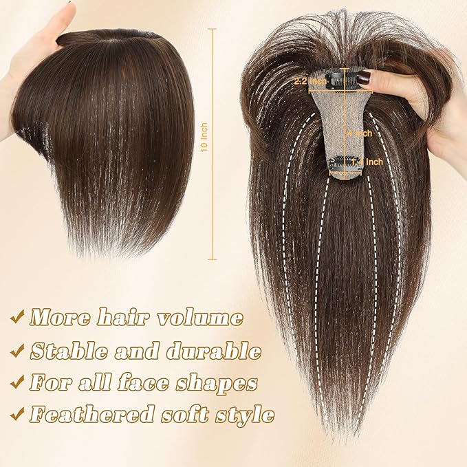 NAYOO Hair Toppers for Women Real Human Hair, 360° Cover Clips in Full Fringe Fake Bangs Hair Pieces for Women Girls Daily Wear(Dark Brown)