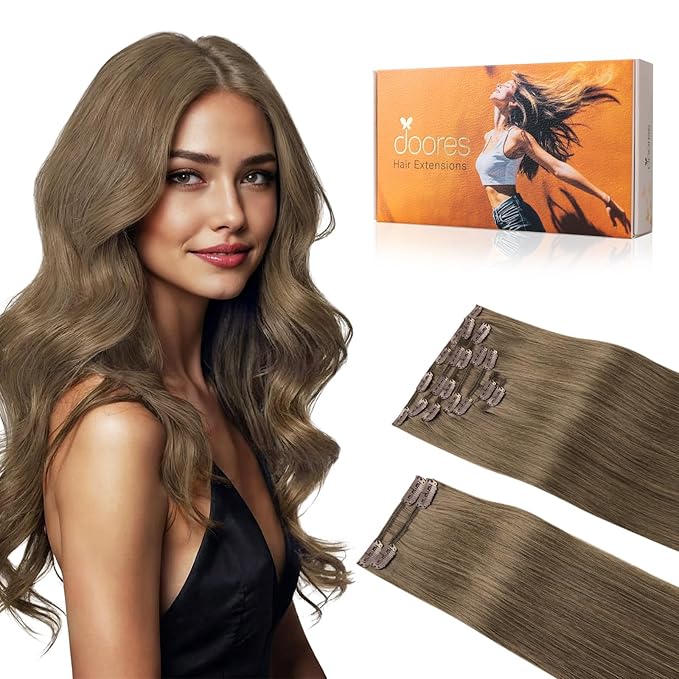 DOORES Hair Extensions Clip in Human Hair, Light Ash Brown 9pcs 150g 18 Inch, Remy Straight Real Hair Extensions Clip in Thick Natural Weft