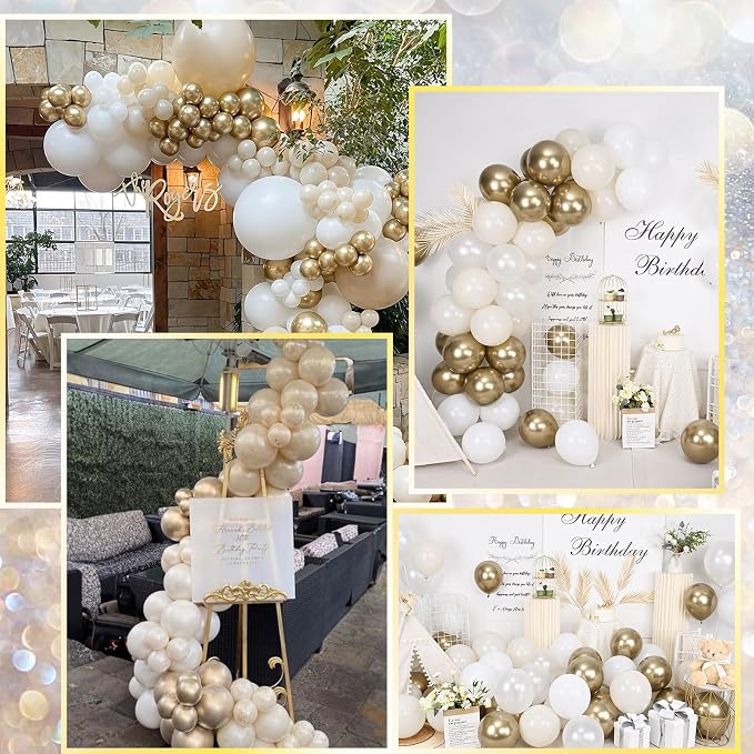 White and Gold Balloons, 12 Inch White Sand Gold Metallic Latex Balloons - Image 6