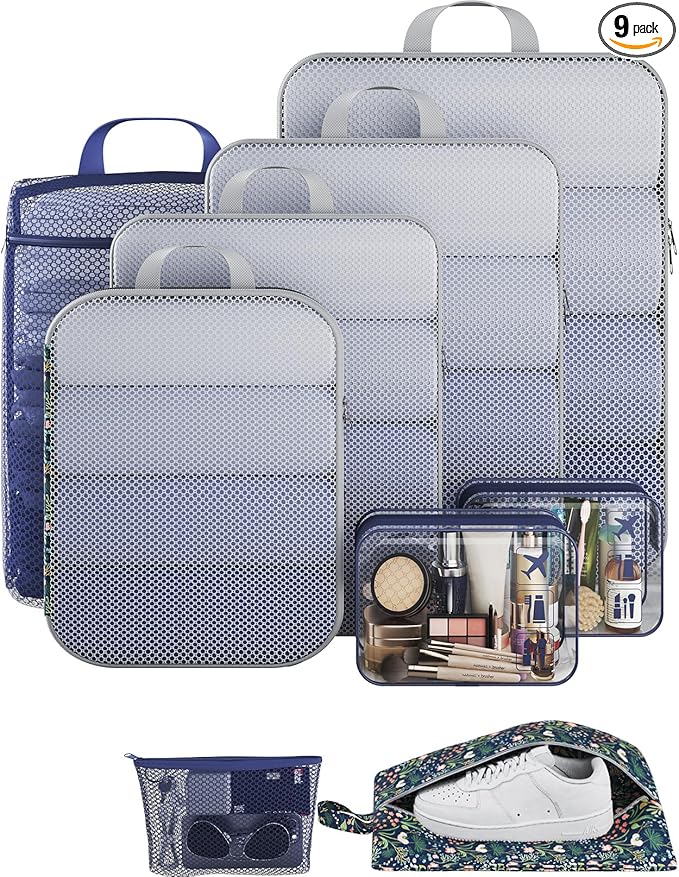 Veken 9/11 Set Compression Packing Cubes for Travel Essentials,Compressible Expandable Large Luggage Suitcase Organizer Bags for Clothing,Durable Space Saver Storage Bags(Dark Blue Floral)
