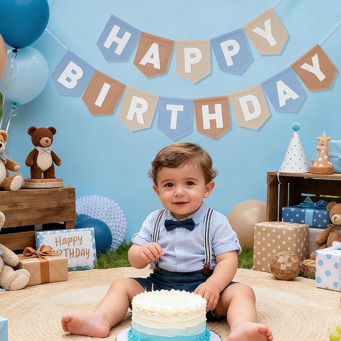 Felt Blue Khaki Happy Birthday Banner Birthday Decorations - Image 5