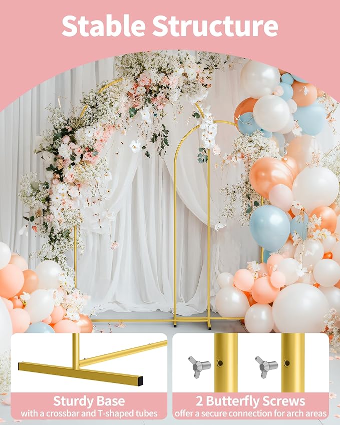 Pureegg Gold Metal Arch Backdrop Stand Set of 3, Wedding Balloon Arch Stand - Image 3