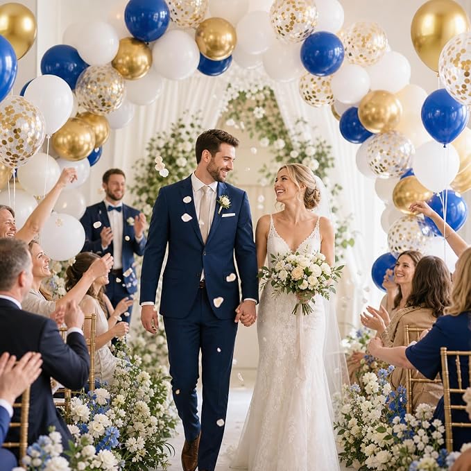 KBZVNAF Royal Blue Gold White Balloons 60 Pack 12 inch | Metallic Gold Confetti - Image 4