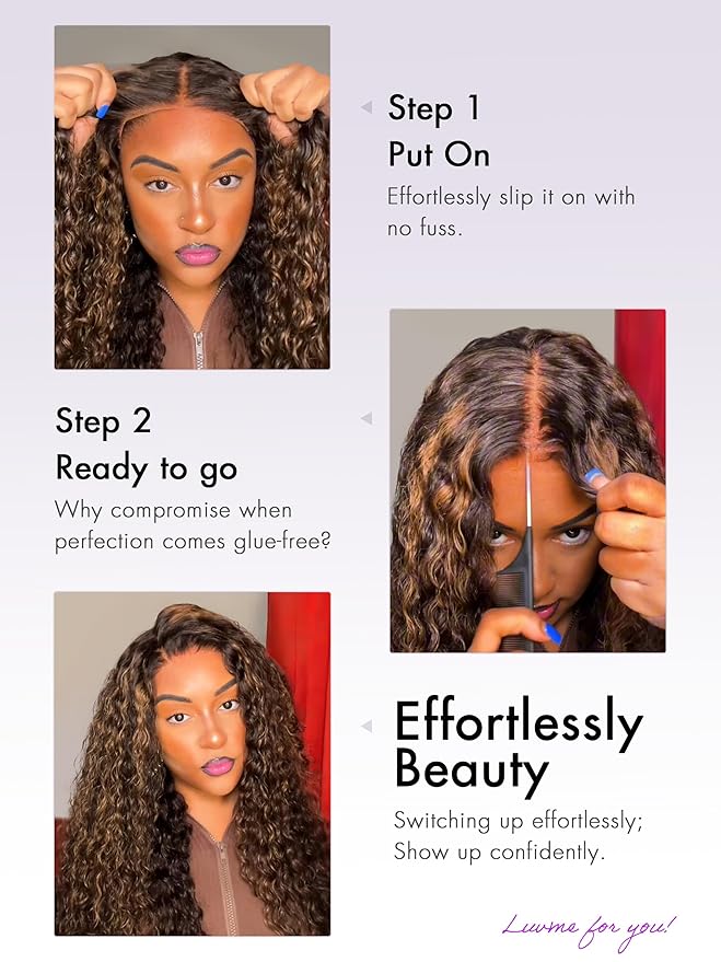 LUVME HAIR 22 Inch Highlight Brown Curly Lace Front Wig Human Hair Pre Cut Lace Glueless 5X5 Closure Wig Pre Plucked For Women 180 Density