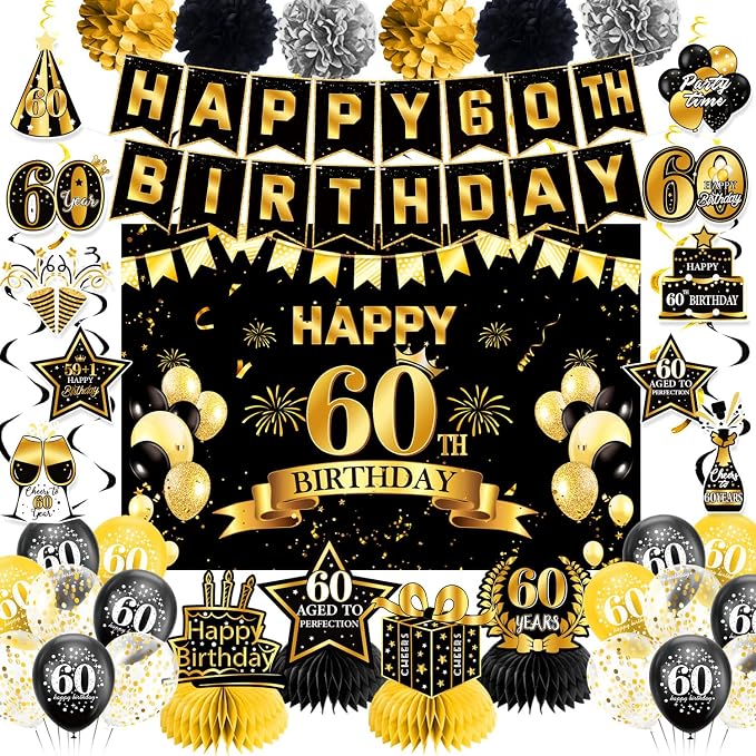 60th Birthday Decorations for Men Women | Pre-Strung Black Gold Happy Birthday by Unknown