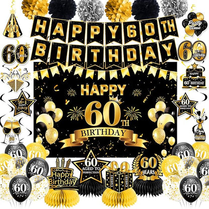 60th Birthday Decorations for Men Women | Pre-Strung Black Gold Happy Birthday by Unknown