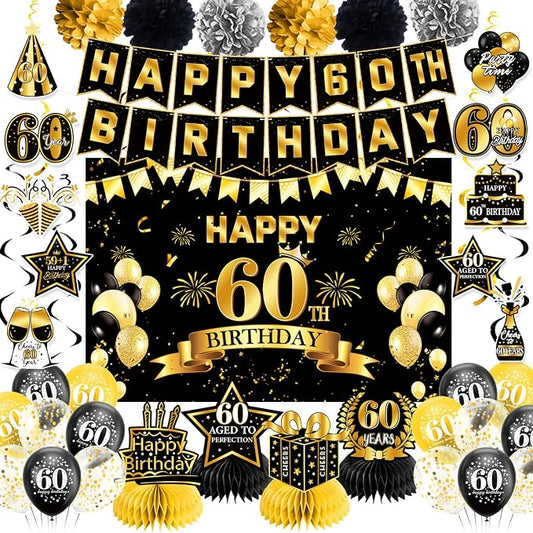 60th Birthday Decorations for Men Women | Pre-Strung Black Gold Happy Birthday by Unknown