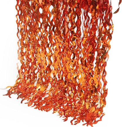 4 Pack Orange Wavy Metallic Tinsel Foil Fringe Curtains | 3.3 ft x 6.6 ft Party - Image 7