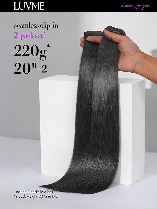 LUVME 2 Pack Straight Seamless 220g 14Pcs Clip in Hair Extensions Full Max with 20inch Remy Human Hair Extensions, Natural Black 100% Real Soft Human Hair Extension