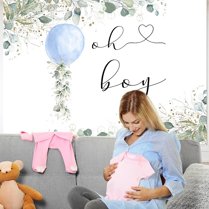 Mocsicka Greenery Oh Boy Baby Shower Backdrop 7x5ft | Blue Balloon, Botanical - Image 4