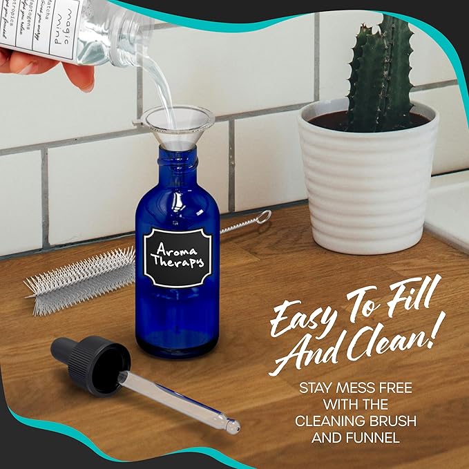 Nevlers Blue Glass Dropper Bottle 4 Oz 48 Pack | Leakproof Tincture Bottles with Dropper, Shrink Wrap, Funnel, Brush, Marker, & Labels | For Use as Hair Oil Bottle & Liquid Medicine Travel Container
