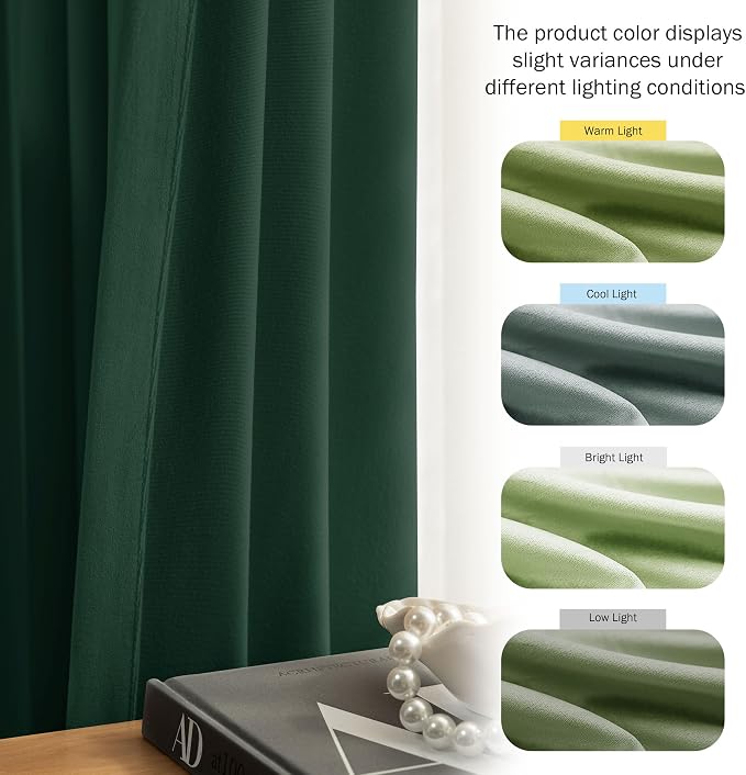 Beauoop Velvet Curtains for Bedroom Living Room Dark Green 52x108 2 Panels | - Image 6