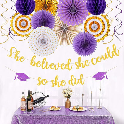 Purple-Gold White Party-Decorations Graduation Banner-Streamers - Image 6