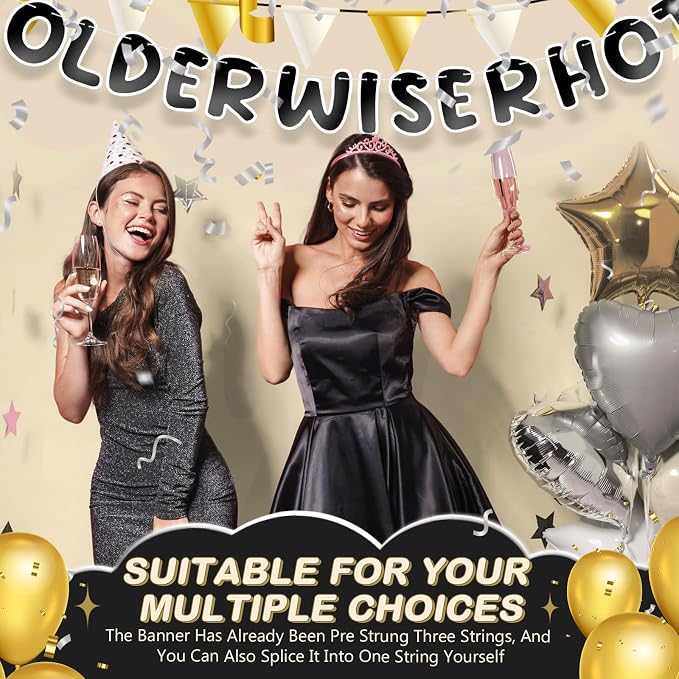 Fulmoon Set of 3 Pre Strung Older Wiser Hotter Glitter Banner Funny Birthday - Image 6