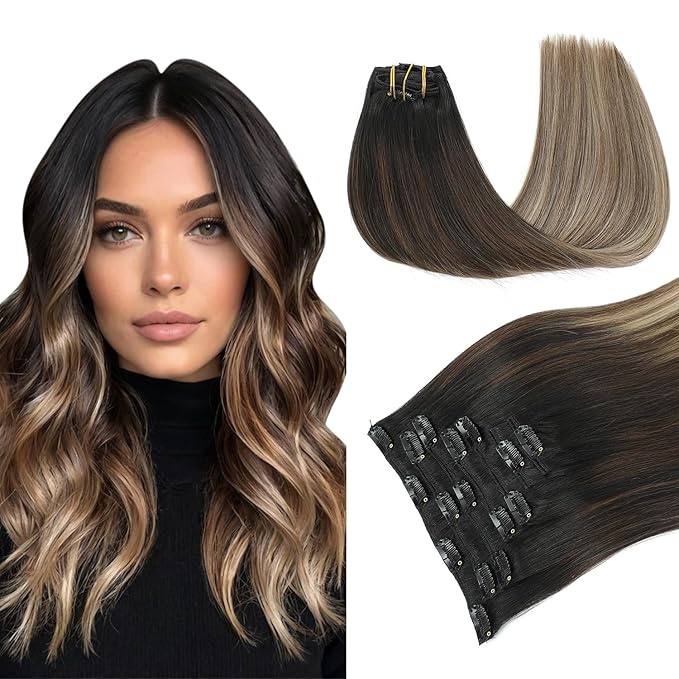 PINKPEARL Clip in Hair Extensions Real Human Hair #1B/4/27 Balayage Natural Black to Chocolate Brown and Caramel Blonde Clip in Hair 7pcs 120g 16inch Human Hair Extensios Clip ins(#1B/4/27-16)