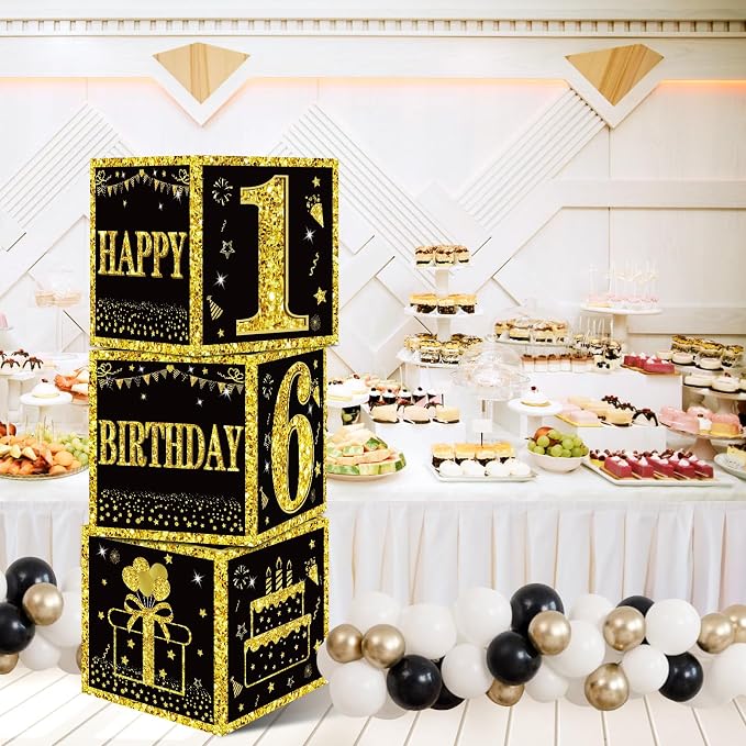 Eiurteao 3pcs Black Gold 16th Birthday Decorations Boxes - Image 5