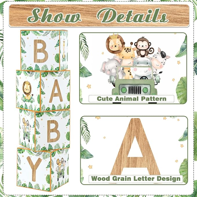 Safari Baby Shower Decorations Sage Green Woodland Animal Baby Boxes 4pcs | Boy - Image 2