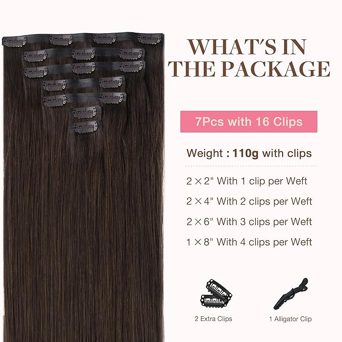 GOO GOO Clip in Hair Extensions Real Human Hair, Remy Human Hair Extensions Clip ins for Women, Natural Human Hair, 16inch 110g 7Pcs, 2A Light Brown