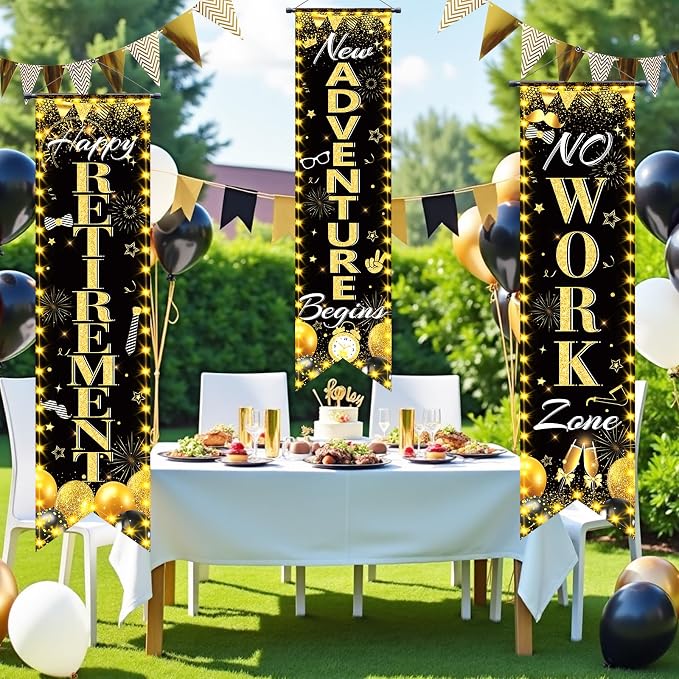 3Pcs Retirement Porch Sign Door Hanging Banner Black Gold Happy Retirement - Image 4