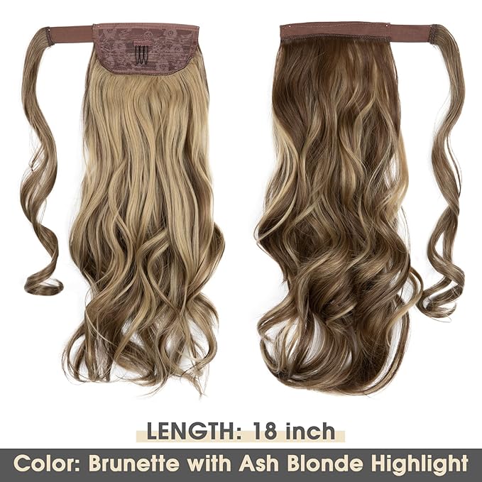 CJL HAIR 18" Long Ponytail Hair Extension Wrap Around Pony Tail Clip in Curly Wavy Synthetic Fake Hairpiece for Women Ash Medium Brown/Ash Blonde