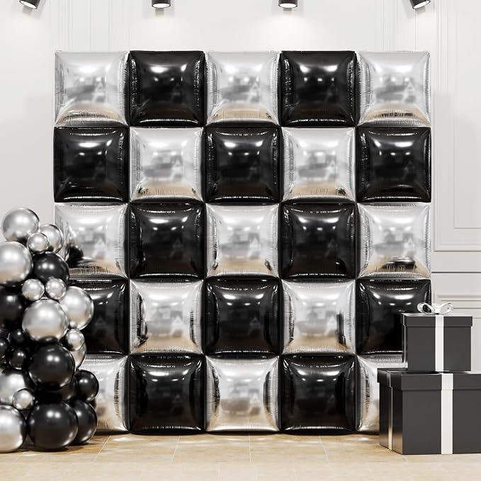 Black and Silver Double Sided Square Foil Balloons Wall, 19 Inches Chrome by FEYG