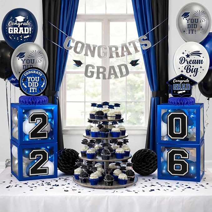 Graduation Decorations 2026 Navy Blue and Gold Balloon Boxes and Arch Garland - Image 9