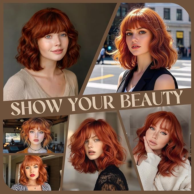 MISSQUEEN Orange Wavy Wigs With Bangs Curly Short Bob Wigs for Women for Heat Resistant Fiber Synthetic Colorful Wig for Daily Party Cosplay Chrismas Halloween Used