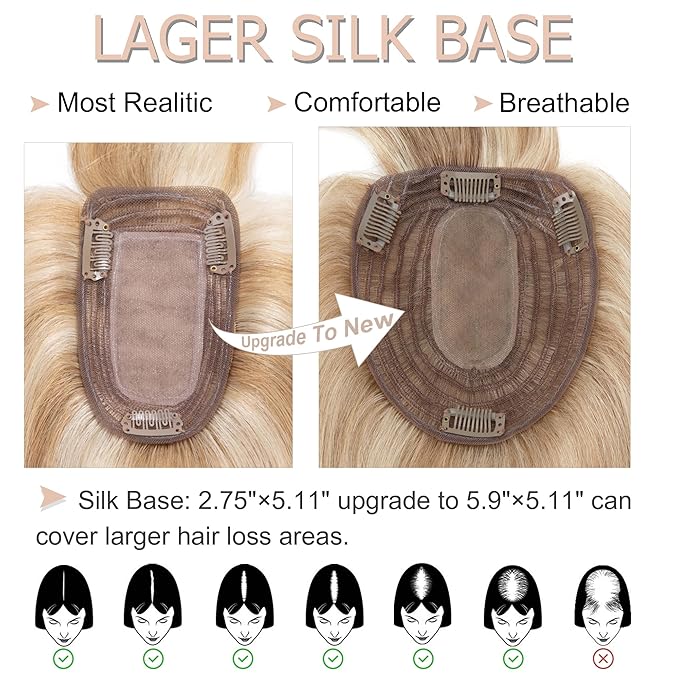 Hair Toppers for Women Real Human Hair With Bangs, 13 * 15 cm Larger Silk Base 150% Density Clip In Topper Hairpieces, Wiglet Top Pieces Add Volume -10 Inch 12P613 Golden Brown&Bleach Blonde