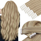 YoungSee Invisible Tape in Hair Extensions Blonde Highlight Hair Extension Tape ins Golden Blonde Highlight Real Hair Tapes on Hair Extensions Human Hair SIlky Straight 18 Inch 20pcs 50g