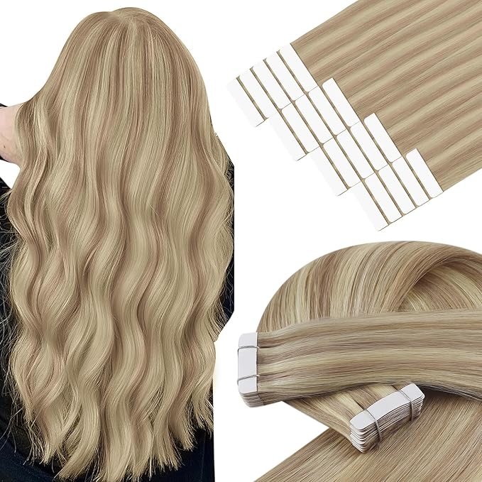 YoungSee Blonde Tape in Hair Extensions Real Human Hair Highlight Tape ins Human Hair Extensions For Women Natural Hair Tape-in Extension 20 Inches 20pcs 50g Adding Volume