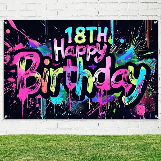 HOMETITUTE Neon 18th Happy Birthday Banner 71x43 Inch | Glow in The Dark Party - Image 4