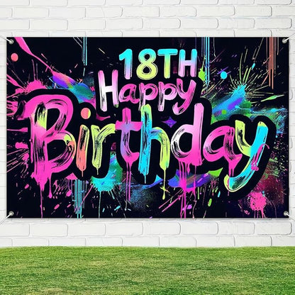 HOMETITUTE Neon 18th Happy Birthday Banner 71x43 Inch | Glow in The Dark Party - Image 4