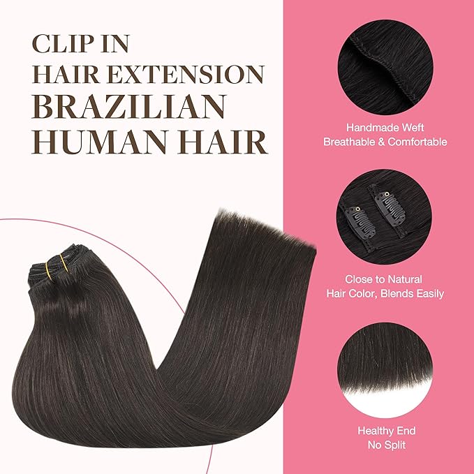 GOO GOO Clip in Hair Extensions Real Human Hair, Remy Human Hair Extensions Clip ins for Women, Natural Human Hair, 22inch 150g 9Pcs, 2 Dark Brown