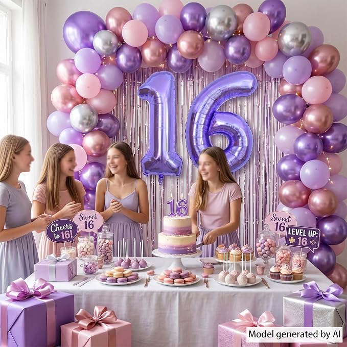 Purple Number 16 Balloon 40 Inch, Large Metallic Lavender Mylar Foil 16 Balloons - Image 7