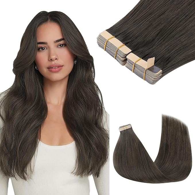 GOO GOO Tape in Hair Extensions Human Hair, 1C Mocha Brown, 26inch 120g 40pcs, Skin Weft Seamless Invisible, Silky Straight with Thick Ends, Remy Human Hair