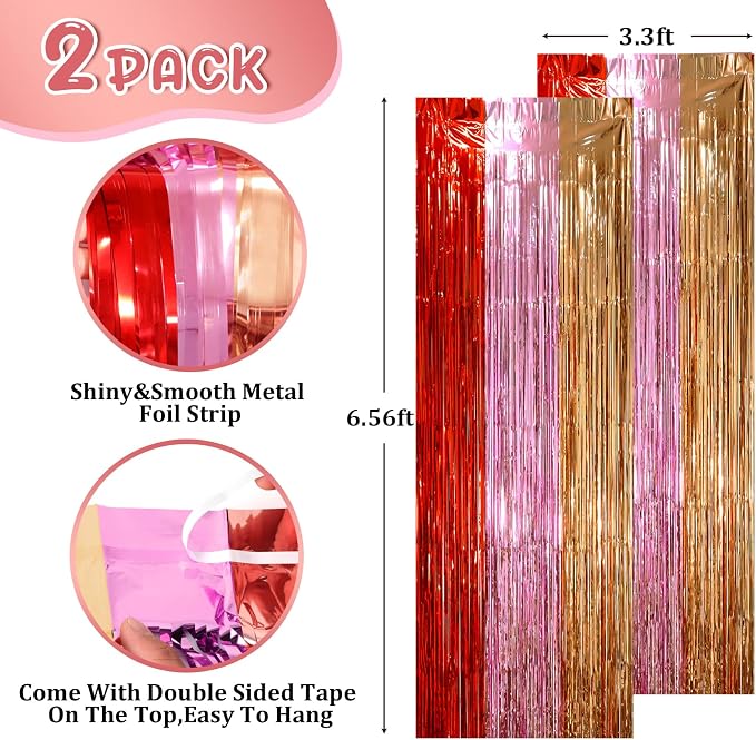 Voircoloria Valentine Foil Fringe Backdrop Curtains, 2 Pack | Tinsel Streamers - Image 2