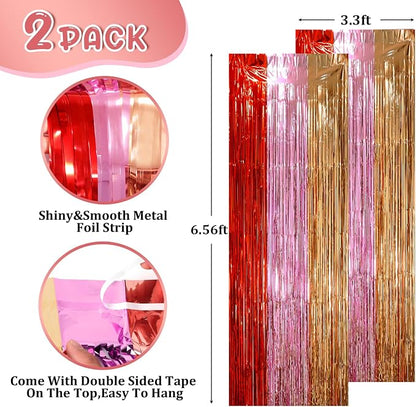 Voircoloria Valentine Foil Fringe Backdrop Curtains, 2 Pack | Tinsel Streamers - Image 2