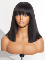 LUVME HAIR 12 Inch Light Yaki Straight Bob Wig with Bangs Human Hair Realistic HD Lace Short Black Bob Wigs, Ready to Go Blunt Cut Bob Wig Glueless 180 Density