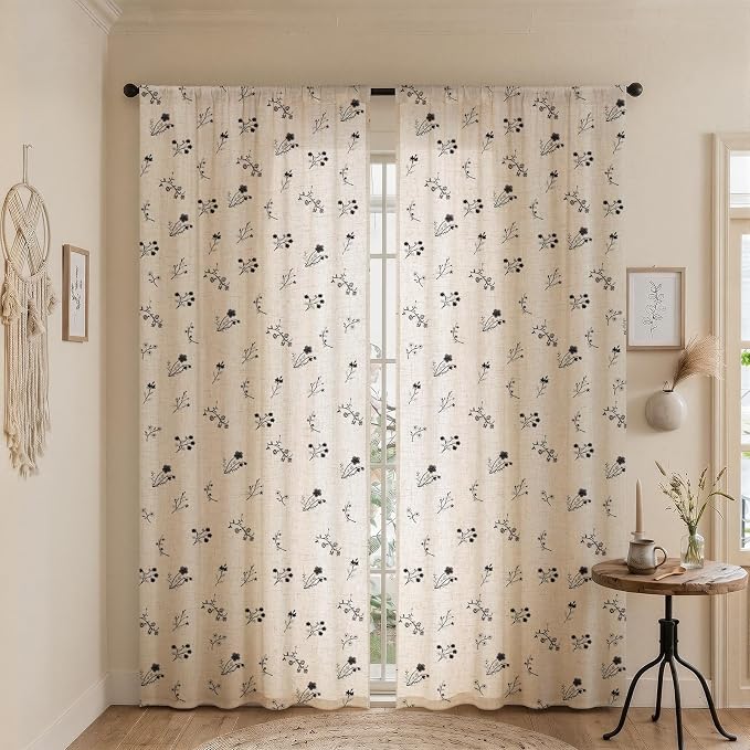 Black Floral Embroidered Light Filtering Curtains 84 Inch 2 Panels | Linen - Image 2