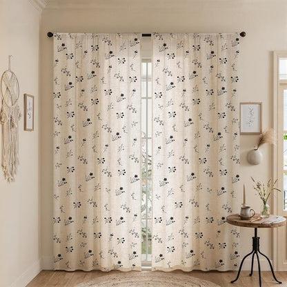 Black Floral Embroidered Light Filtering Curtains 84 Inch 2 Panels | Linen - Image 2