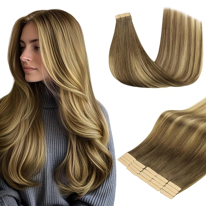 DOORES Tape in Hair Extensions Human Hair, Medium Brown Highlighted Dirty Blonde 22 Inch 20pcs 50g, Human Hair Extensions Natural Hair Extensions Seamless Straight