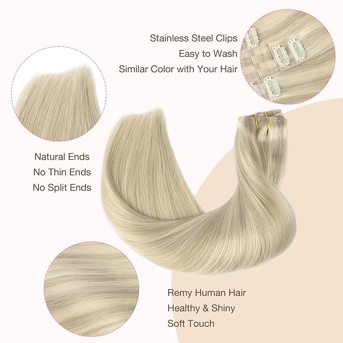 GOO GOO Clip in Hair Extensions Real Human Hair, Remy Human Hair Extensions Clip ins for Women, Natural Human Hair, 22inch 110g 7Pcs, 17A/60A Ash Blonde Highlighted Platinum Blonde