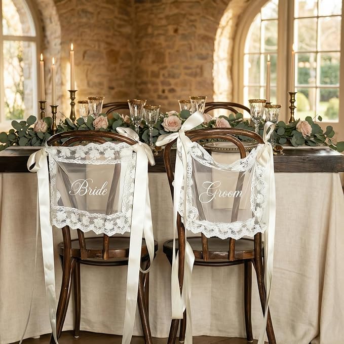 Bride & Groom Chair Signs for Wedding Sweetheart Table Decor Set of 2 | Sheer - Image 8