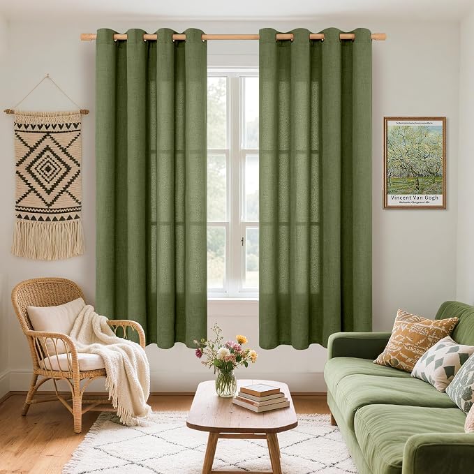 YoungsTex Olive Green Linen Curtains 63 Inch Length 2 Panels - Image 2