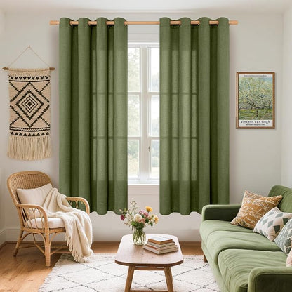 YoungsTex Olive Green Linen Curtains 63 Inch Length 2 Panels - Image 2