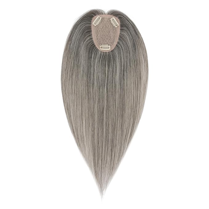 Hairro Human Hair Toppers Free Parted, 3.5x4.7" Base Hand-wovened 100% Real Hairpieces, with Invisible Clips-in for Women, for High Hairline/Adding Volume on Top, 10 Inch Dark Grey Mix Silver