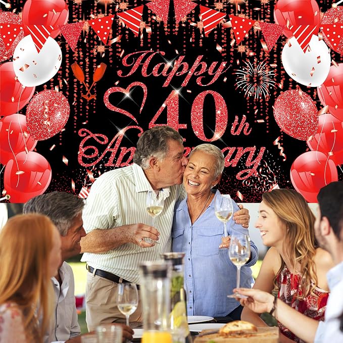 40th Anniversary Decorations Red Black Happy Banner Ruby Wedding - Image 5