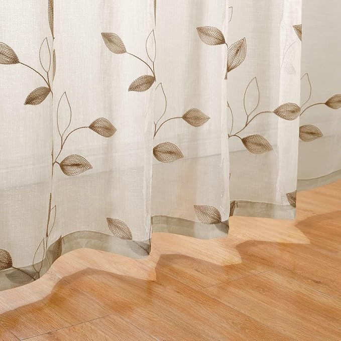 HOMEIDEAS Taupe Sheer Curtains 52 X 63 Inches Length 2 Panels Beige Embroidered - Image 6