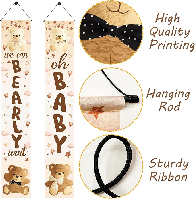 We Can Bearly Wait Baby Shower Decorations 2Pcs Bear Baby Shower Porch Sign - Image 2